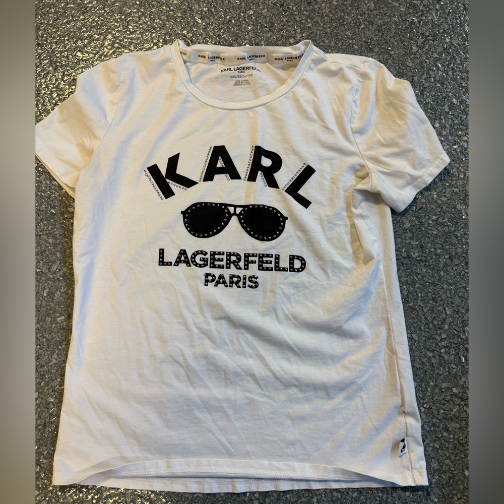 Karl Lagerfeld White Tee with Black Print- XXS- never worn!